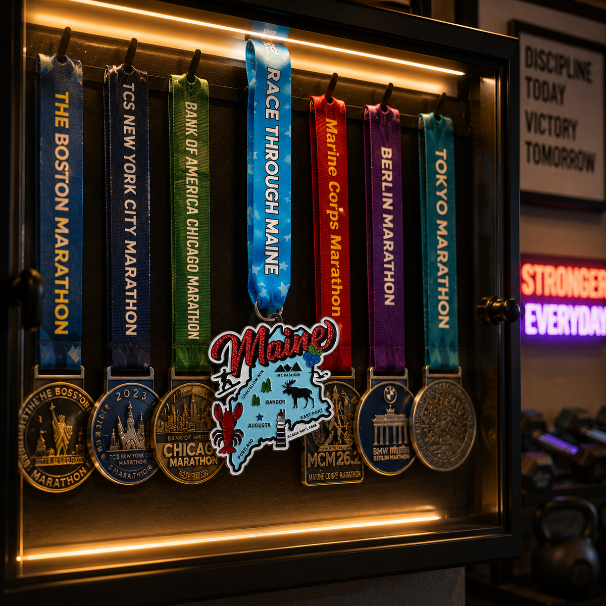 Virtualrunevent Race Through Maine medal displayed on a medal rack, showcasing a colorful design for 5K, 10K, half marathon, and 50-mile challenge.