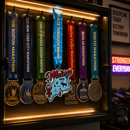 Virtualrunevent Race Through Maine medal displayed on a medal rack, showcasing a colorful design for 5K, 10K, half marathon, and 50-mile challenge.