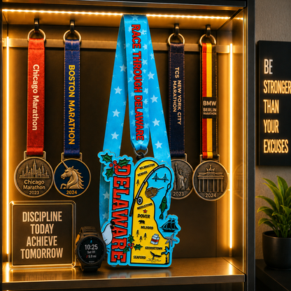 Virtualrunevent Race Through Delaware medal displayed on a medal rack, featuring a colorful design for 5K, 10K, half marathon, and 50 mile challenge.