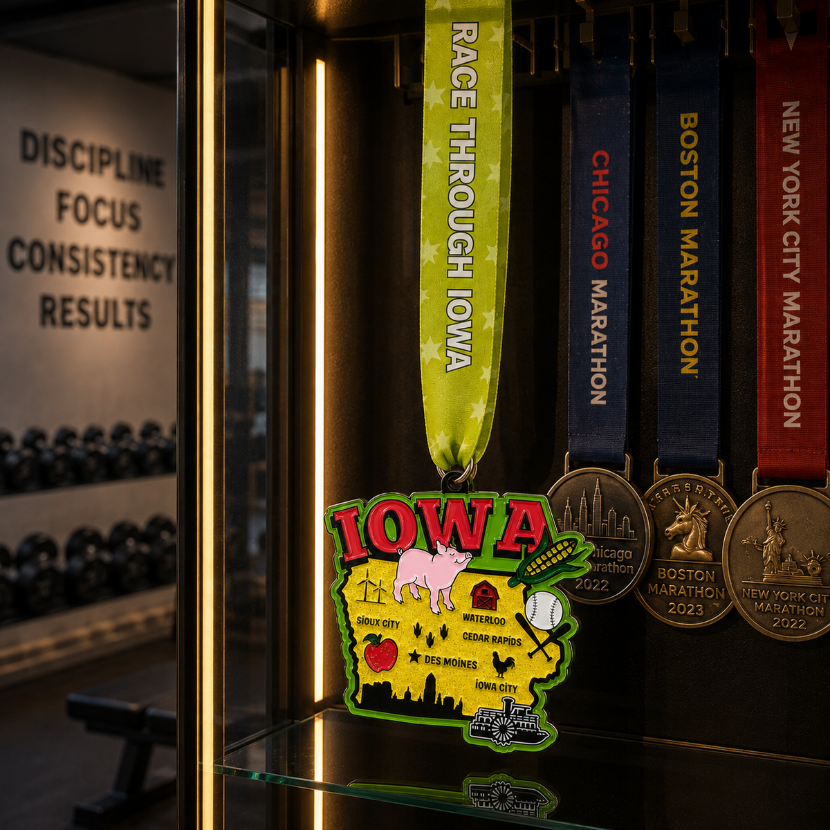 Virtualrunevent Race Through Iowa medal hanging on a display rack, commemorating 5K, 10K, half marathon, and 50-mile challenge.