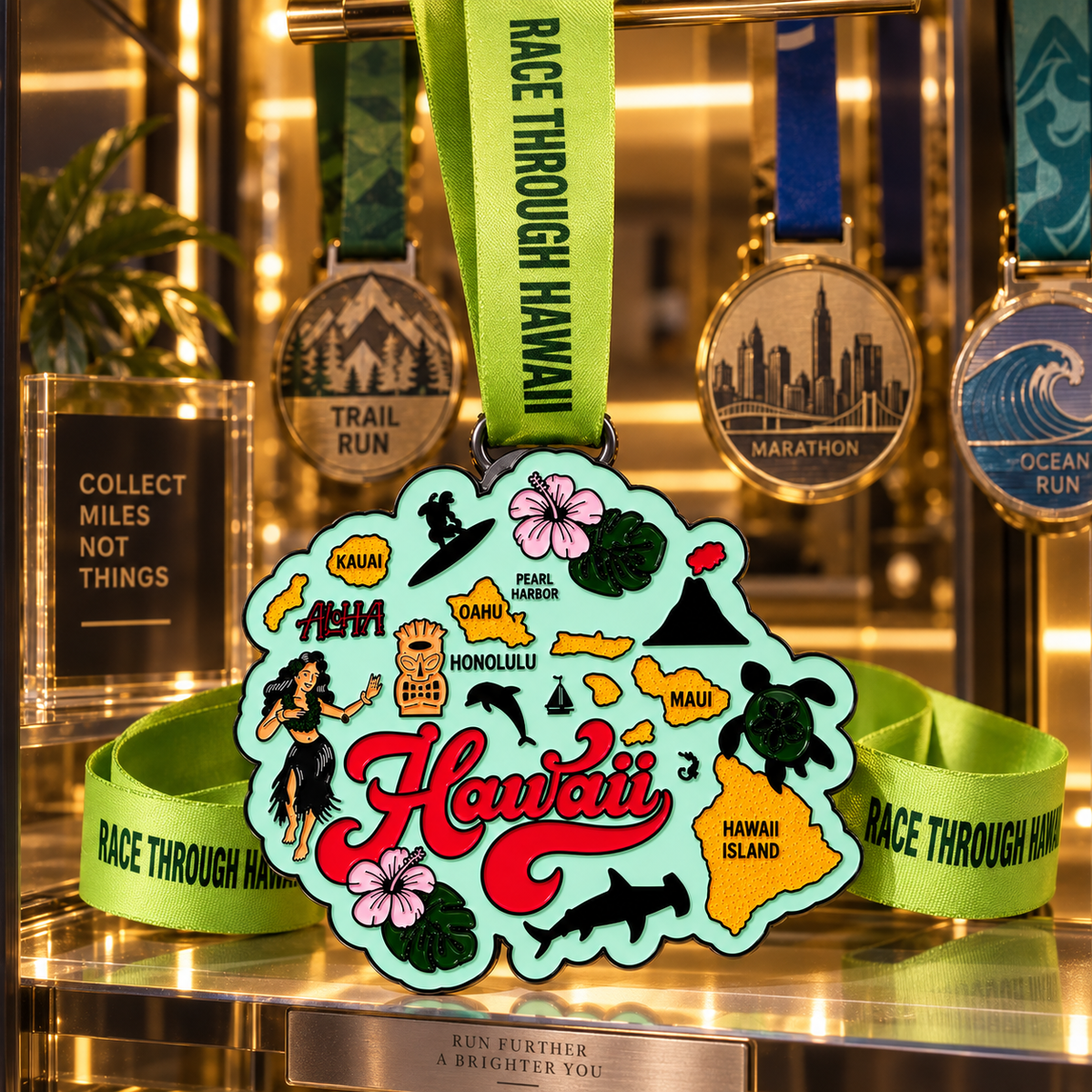 Virtualrunevent Hawaii Race medal displayed on a medal rack, featuring a colorful design for 5K, 10K, half marathon, and 50-mile challenge.