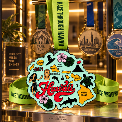 Virtualrunevent Hawaii Race medal displayed on a medal rack, featuring a colorful design for 5K, 10K, half marathon, and 50-mile challenge.