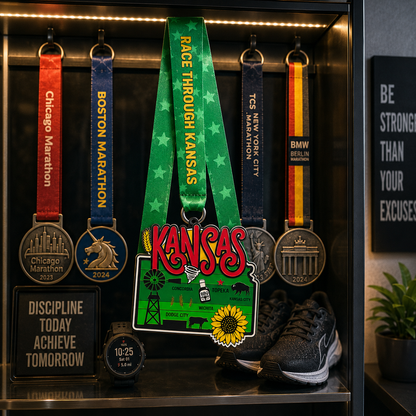 Virtualrunevent Race Through Kansas medal hanging on a medal rack, featuring Kansas-themed design for 5K, 10K, half marathon, or 50-mile challenge.