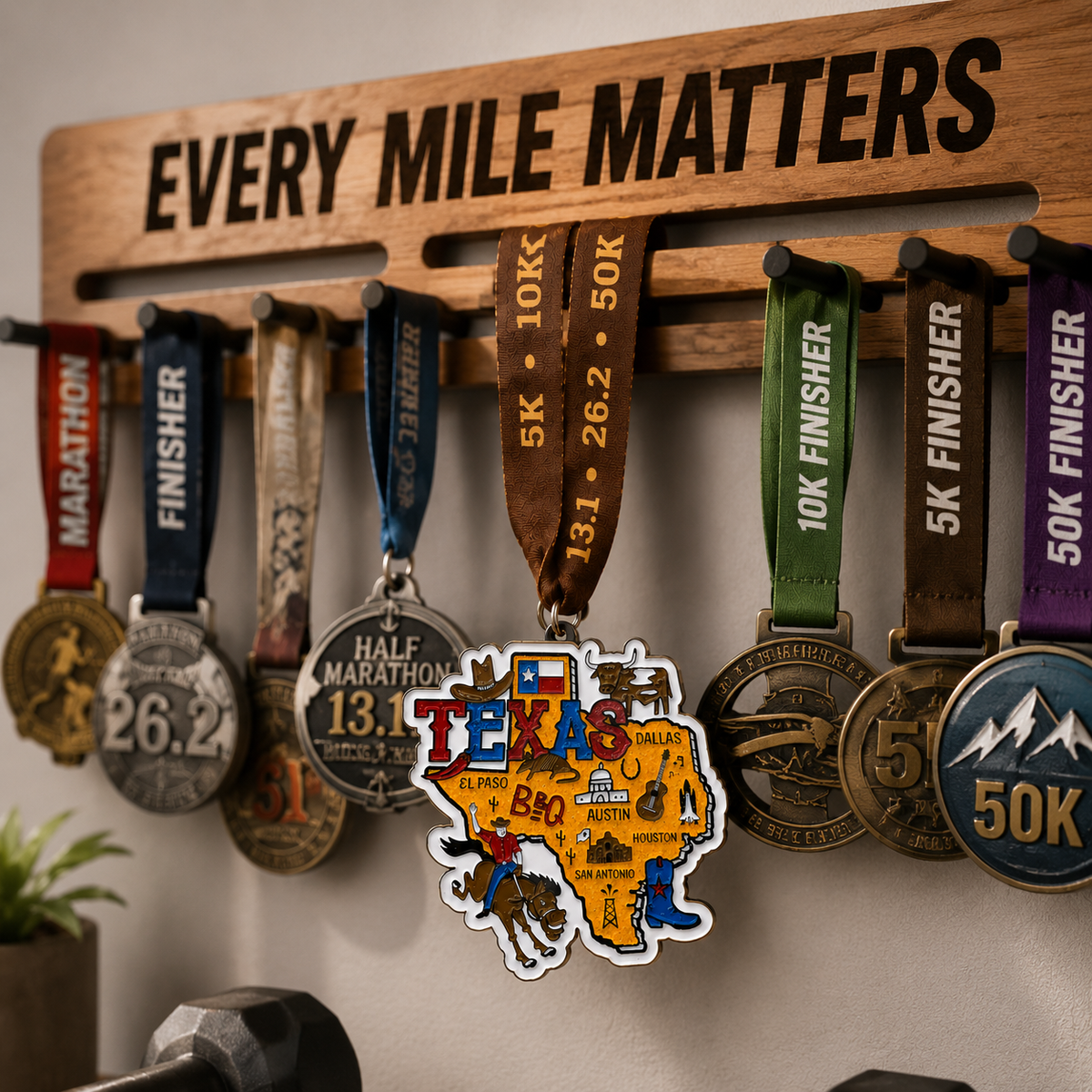 Virtualrunevent Race Through Texas medal on a display rack, featuring a colorful design for 5K, 10K, Half Marathon, and 50 Mile challenges.