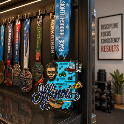 Virtualrunevent Illinois Race medal on a medal rack featuring a 5K, 10K, half marathon, and 50-mile challenge design.