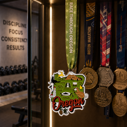 Virtualrunevent Oregon Race medal hanging on a medal rack, showcasing a colorful 5K, 10K, half marathon, and marathon finisher medal.