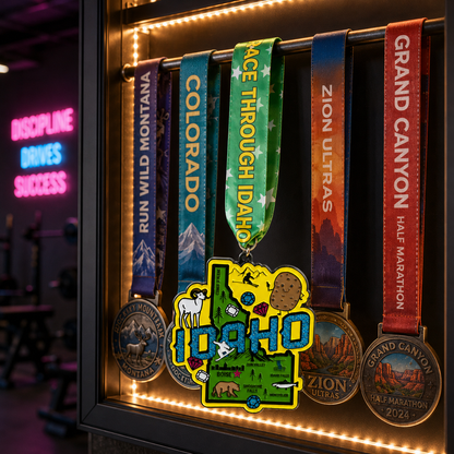 Virtualrunevent Idaho race medal hanging on a medal rack, showcasing a 5K, 10K, half marathon, and 50-mile challenge medal.