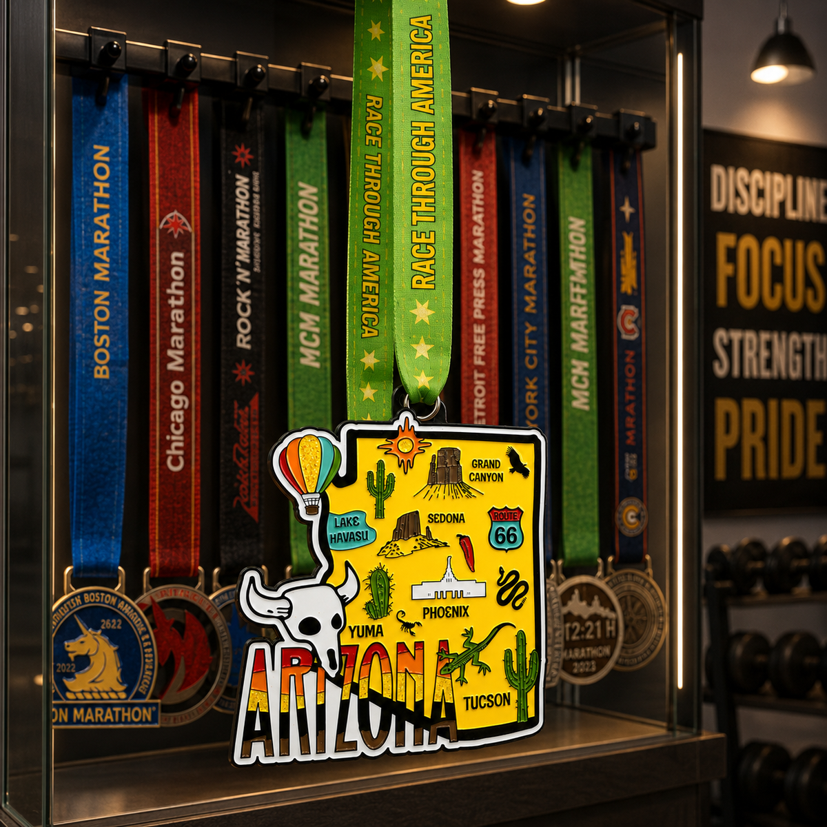 Virtualrunevent race medal for Arizona 5K, 10K, Half Marathon, and 50 Mile Challenge displayed on a medal rack.