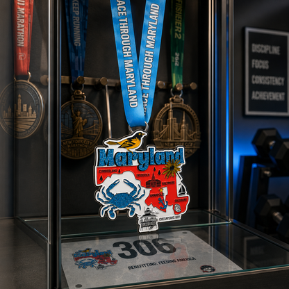 Virtualrunevent Maryland Race medal displayed on a medal rack, featuring a colorful design for 5K, 10K, Half Marathon, and 50 Mile challenges