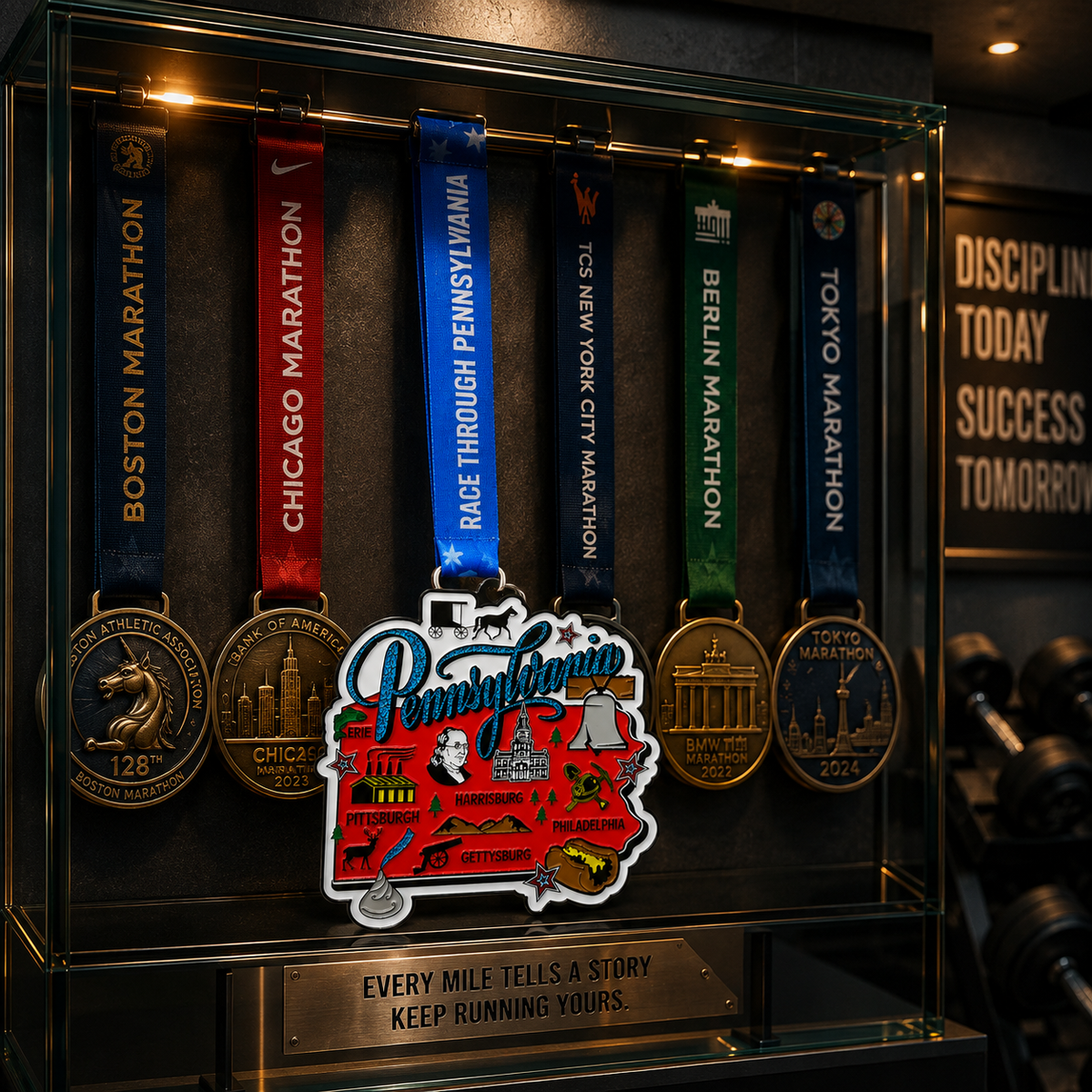 Virtualrunevent Race Through Pennsylvania medal displayed on a medal rack for 5K, 10K, half marathon, and marathon virtual race event.