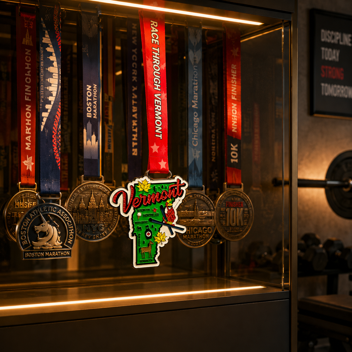Vermont virtual race medal featuring a detailed design with race branding, mounted on a medal rack.