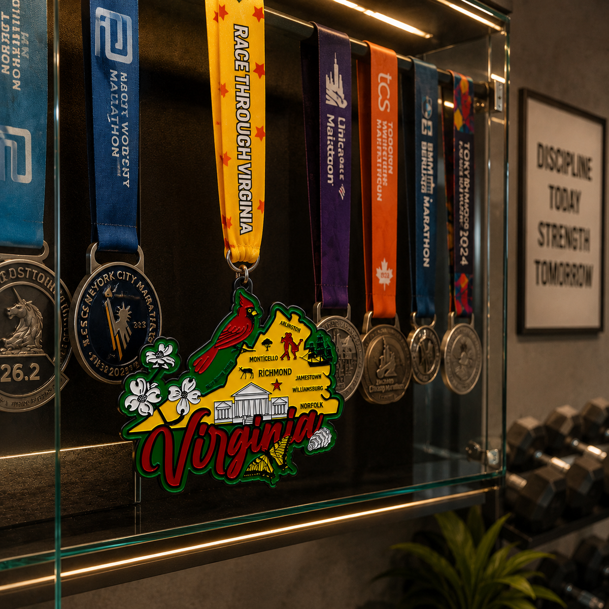 Virginia Virtual Race medal featuring a detailed design, displayed on a medal rack, representing 5K, 10K, half marathon, and marathon.