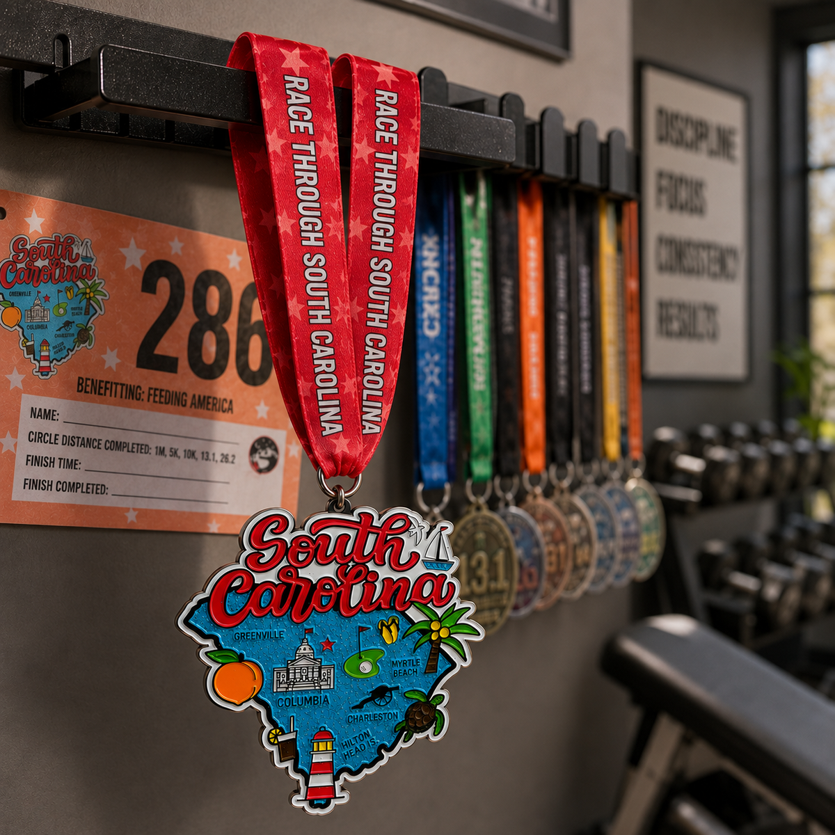 South Carolina virtual race medal from VirtualRunEvent, featuring a detailed design representing 5K, 10K, half marathon, and marathon.
