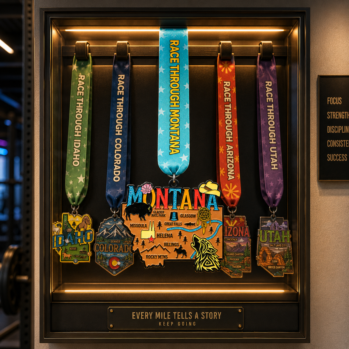 Virtualrunevent Race Through Montana medal hanging on a display rack, featuring mountain and race-themed designs for 5K, 10K, and marathon challenges.
