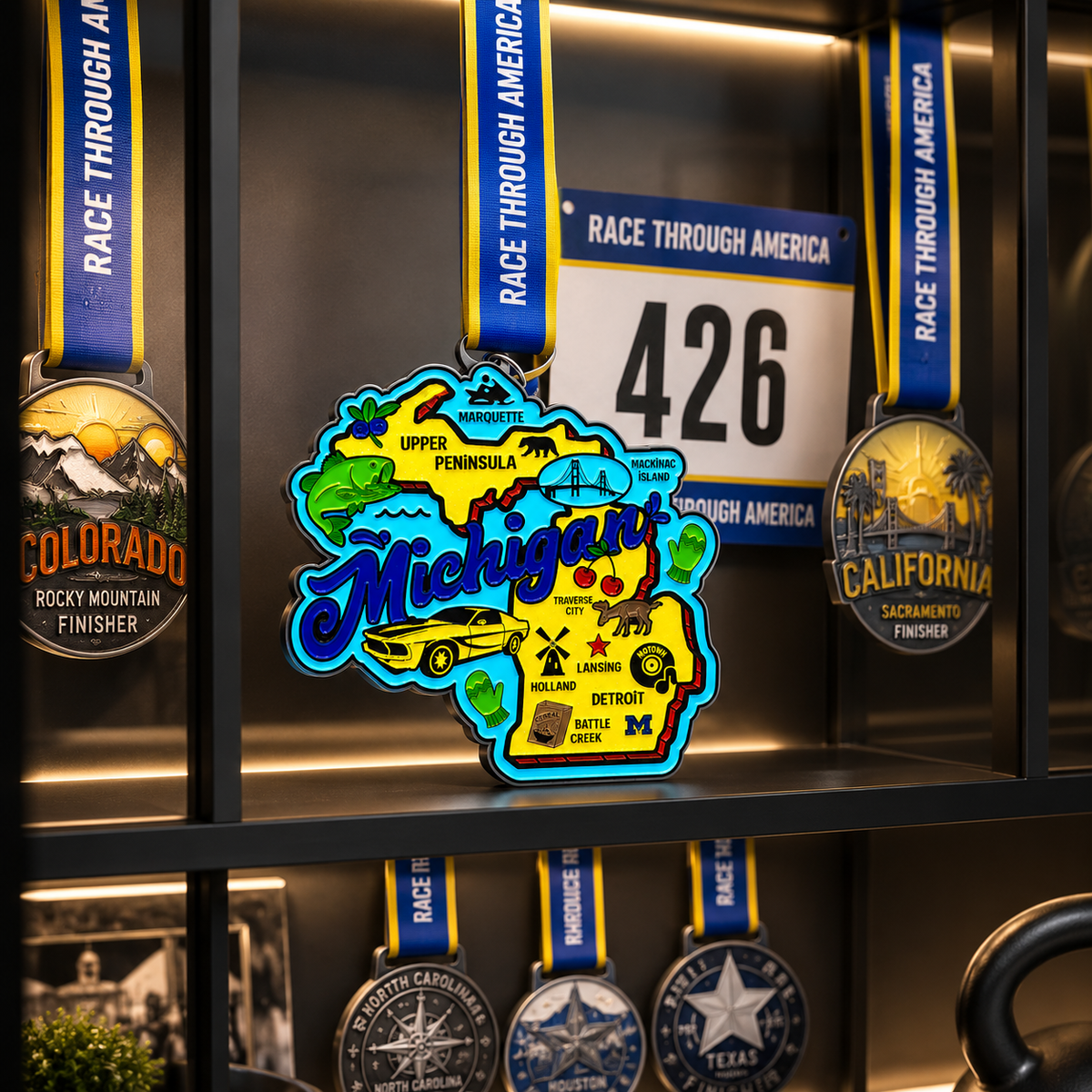 Michigan Virtual Race medal displayed on a medal rack, featuring 1 mile, 5K, 10K, half marathon, and marathon designs from virtualrunevent.