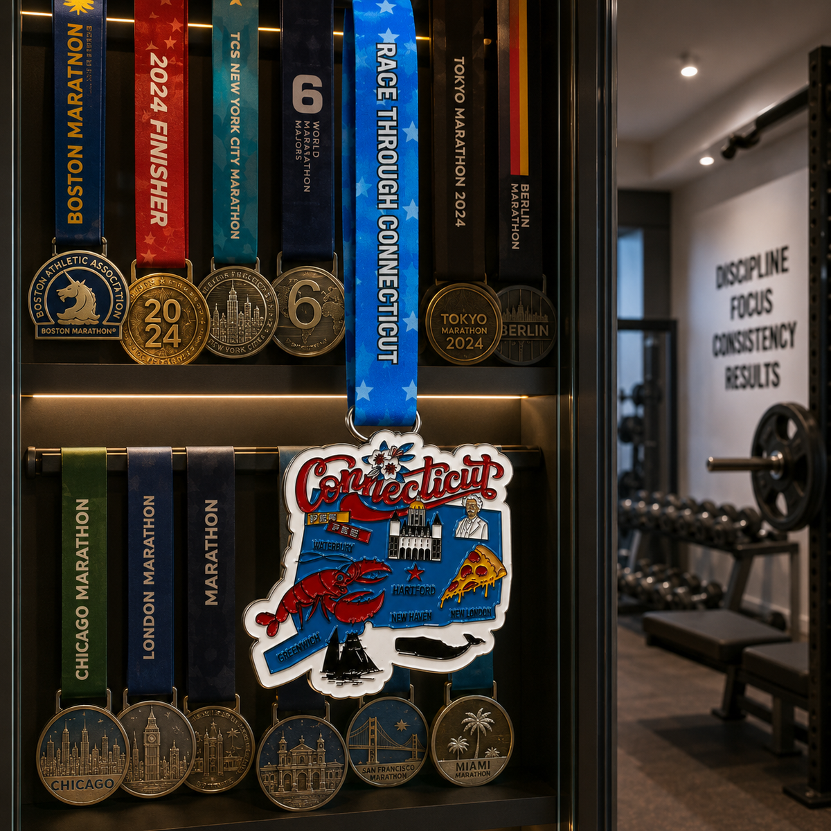 Virtualrunevent Connecticut Race medal displayed on a medal rack, representing 5K, 10K, Half Marathon, and 50 Mile Challenge finisher awards.