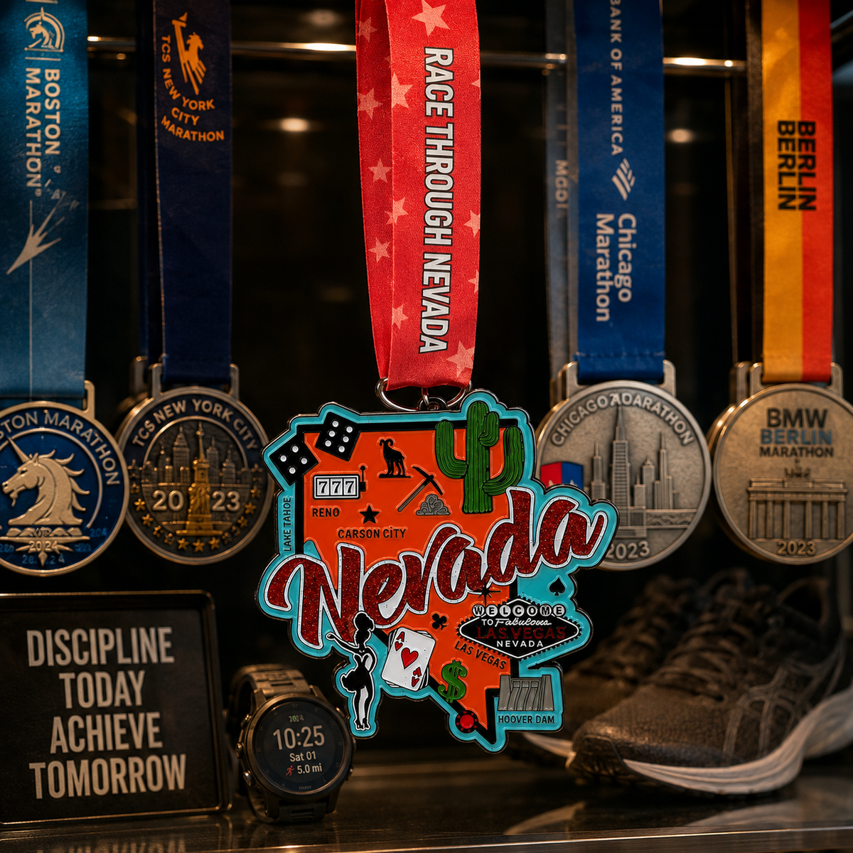 Virtualrunevent Nevada Race medal displayed on a medal rack, celebrating 5K, 10K, Half Marathon, and 50 Mile challenges.