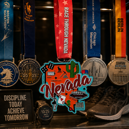 Virtualrunevent Nevada Race medal displayed on a medal rack, celebrating 5K, 10K, Half Marathon, and 50 Mile challenges.