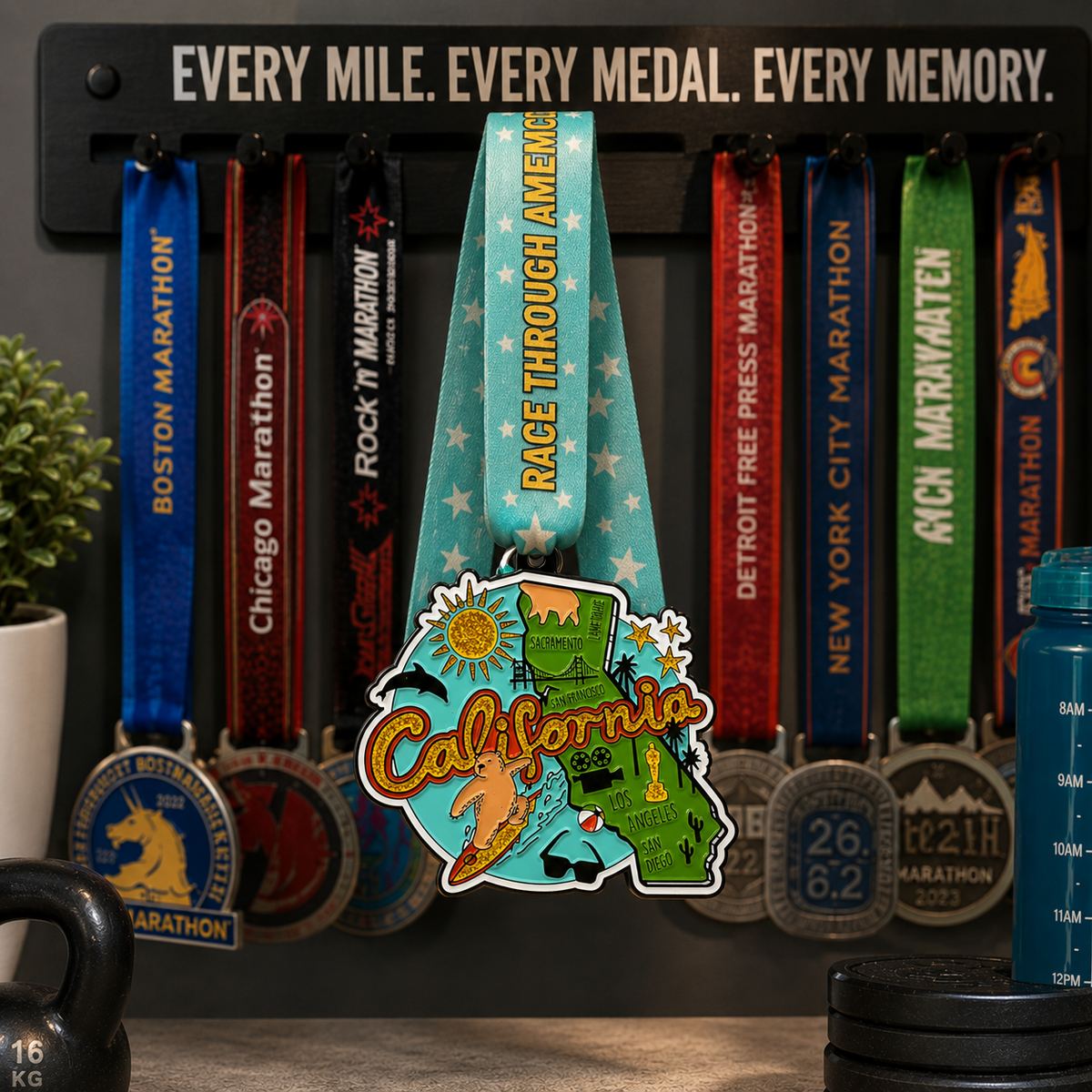 Virtualrunevent Race Through California medal displayed on a medal rack, featuring vibrant colors and intricate design details.
