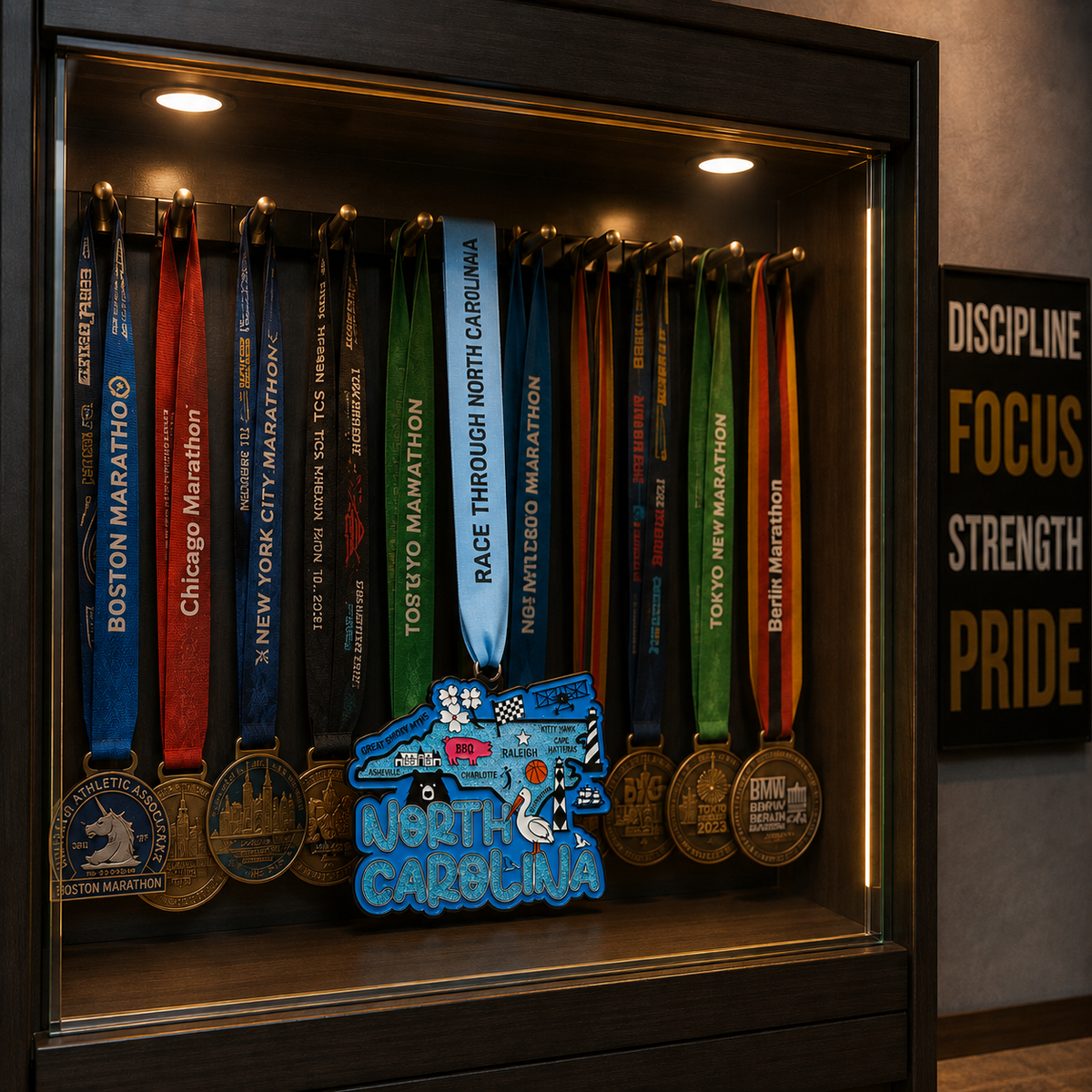 North Carolina virtual race medal from Virtual Run Event, 5K to 50-mile challenge, hanging on a medal rack.