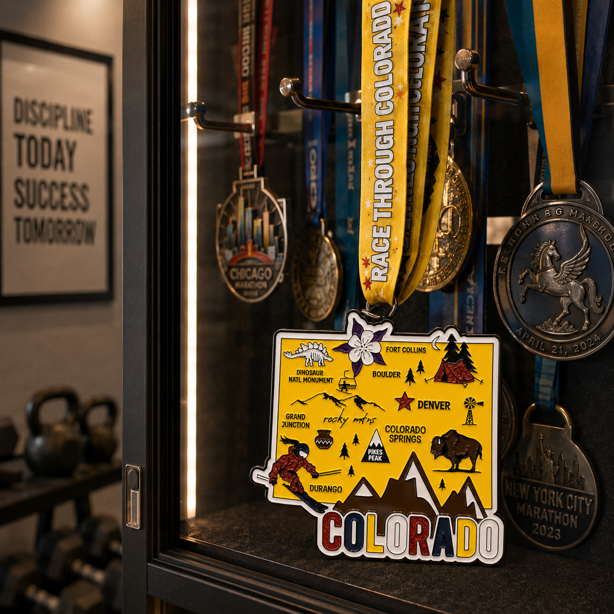 Virtualrunevent Colorado Race medal displayed on a medal rack for 5K, 10K, Half Marathon, and 50 Mile Challenge.