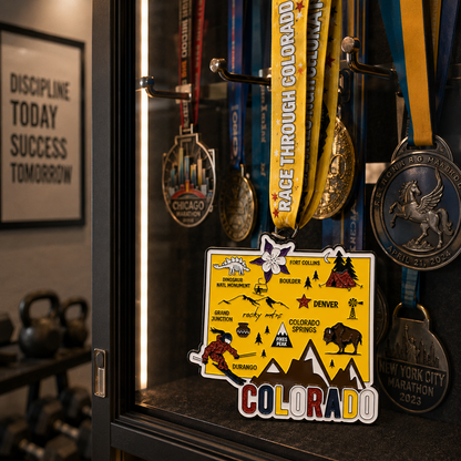 Virtualrunevent Colorado Race medal displayed on a medal rack for 5K, 10K, Half Marathon, and 50 Mile Challenge.