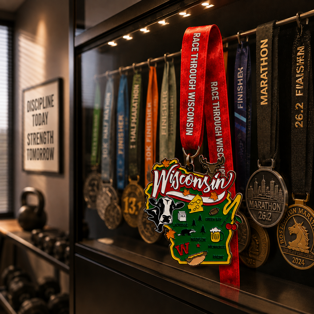 Virtualrunevent Race Through Wisconsin medal displayed on a medal rack, featuring a detailed Wisconsin-themed design for 5K to marathon races.