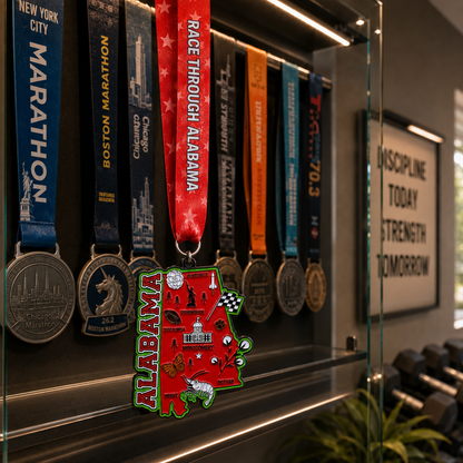 Virtualrunevent Alabama Race medal displayed on a medal rack, featuring a design for the 5K, 10K, Half Marathon, and 50 Mile Challenge.