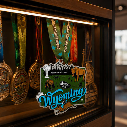 Virtualrunevent Wyoming Race medal displayed on a medal rack, featuring a detailed design for 5K, 10K, half marathon, and marathon.