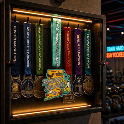 Virtualrunevent Race Through Rhode Island medal displayed on a medal rack for 5K, 10K, half marathon, and marathon distances.