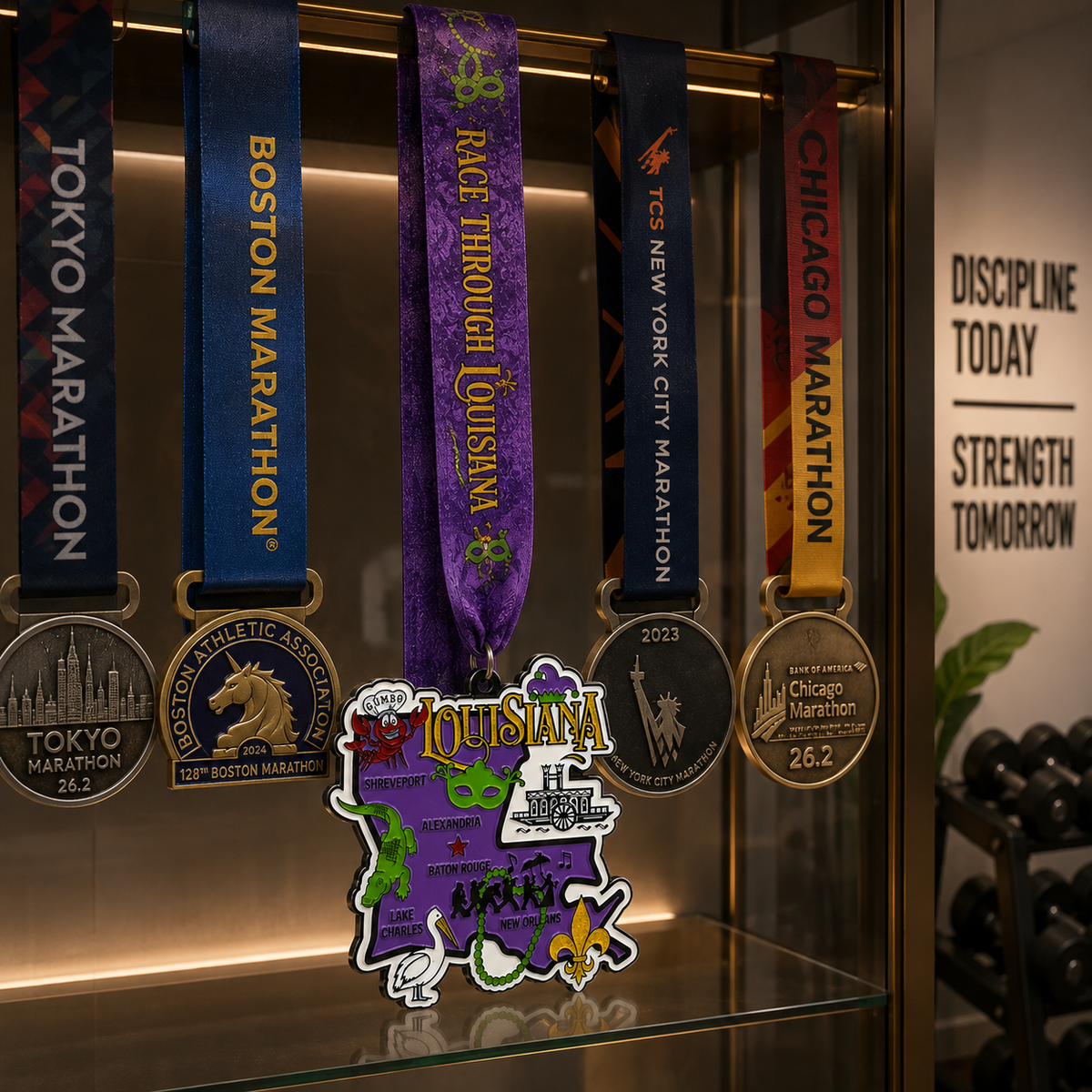 Virtualrunevent Race Through Louisiana medal hanging on a wooden display rack, featuring colorful race design and event details.