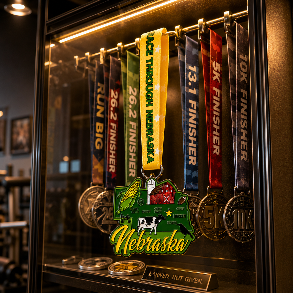 Race Through Nebraska 1M 5K 10K 13.1 26.2 Medal and Bib
