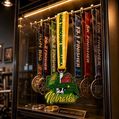 Race Through Nebraska 1M 5K 10K 13.1 26.2 Medal and Bib