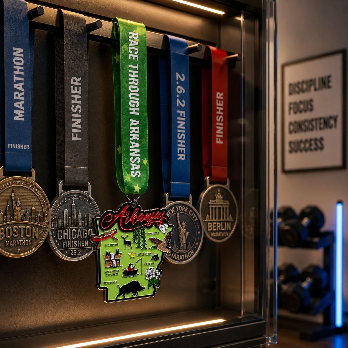 Virtualrunevent Race Through Arkansas medal displayed on a medal rack for 5K, 10K, Half Marathon, and 50 Mile Challenge.