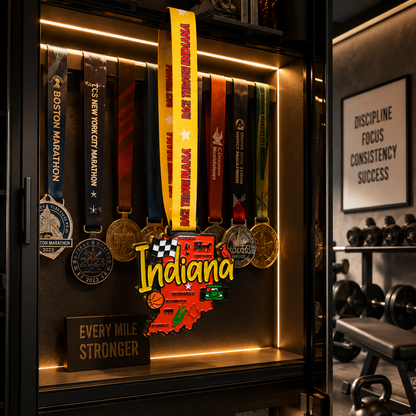 Virtualrunevent Indiana Virtual Race medal displayed on a medal rack for 5K, 10K, half marathon, and 50 mile challenge.
