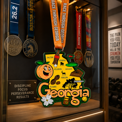 Virtualrunevent Race Through Georgia medal displayed on a medal rack, featuring colorful design and engraved event details.