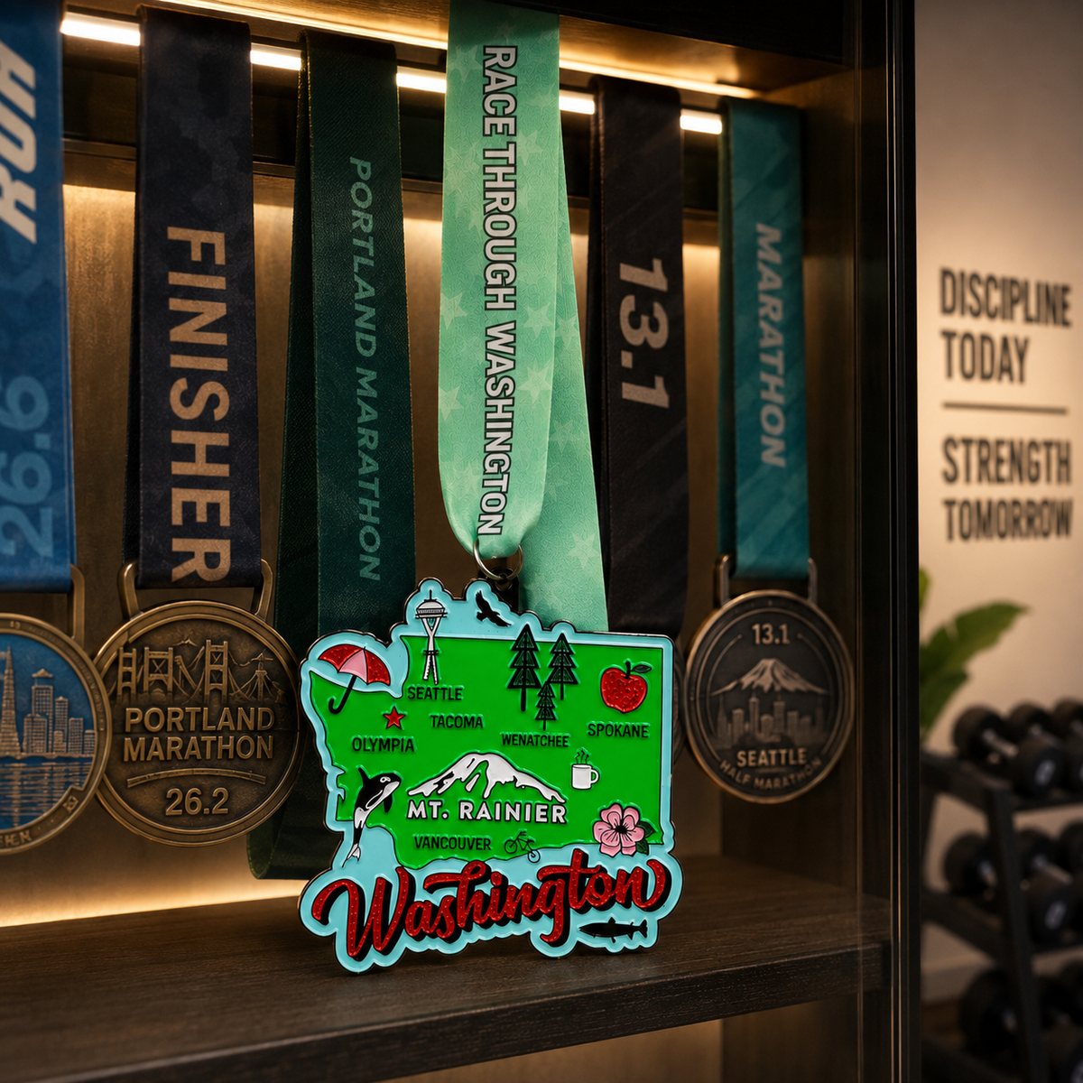 Virtualrunevent Race Through Washington medal hanging on a rack with intricate Washington-themed design and ribbon details.