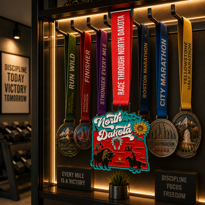 North Dakota Virtual Race medal displayed on a medal rack, awarded for completing 5K, 10K, half marathon, or 50-mile challenge.