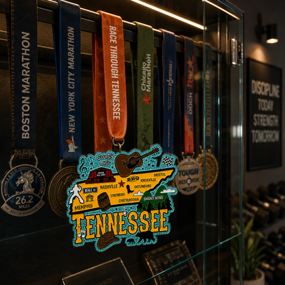 Virtualrunevent Race Through Tennessee medal displayed on a medal rack, featuring a detailed design for 5K, 10K, half marathon, and marathon.
