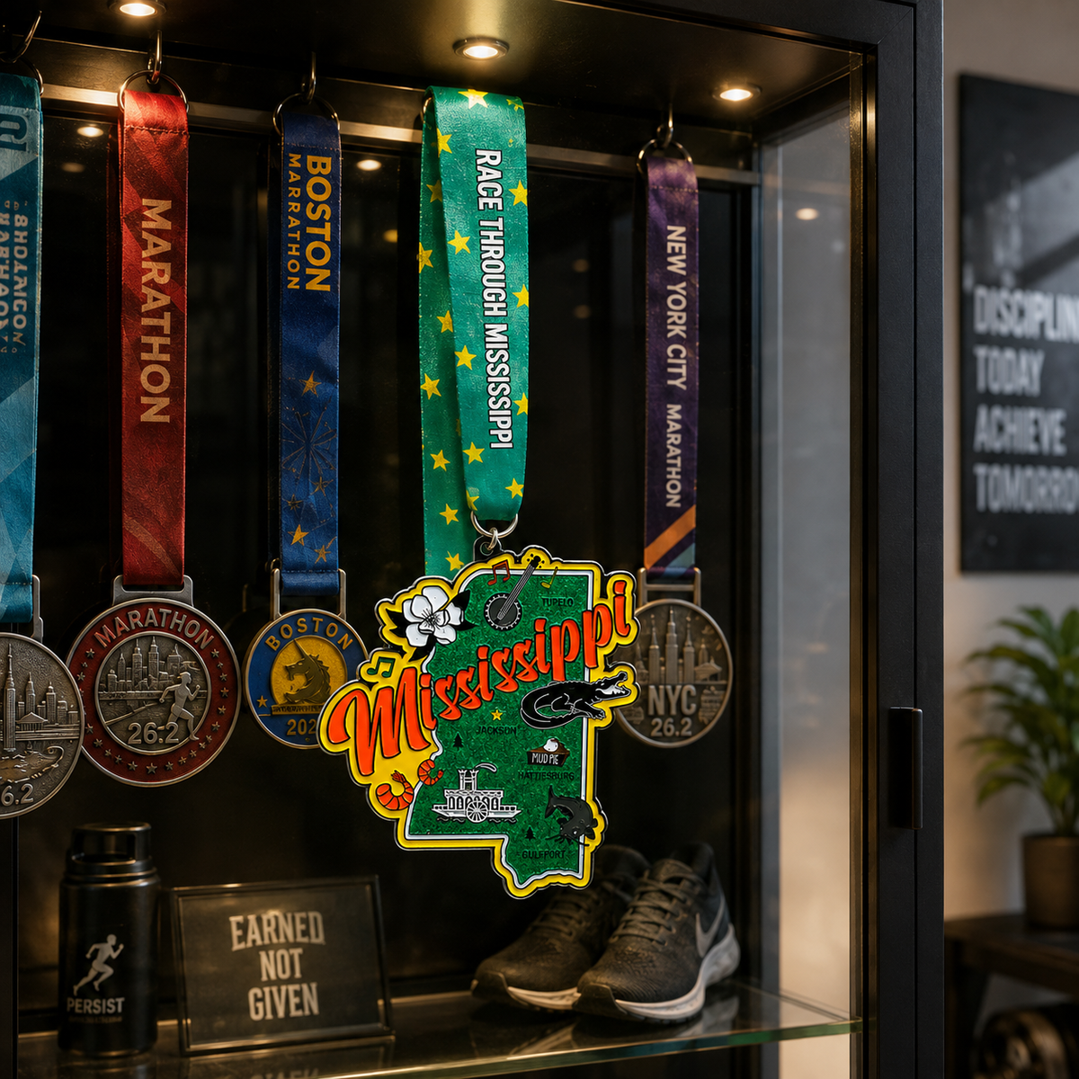 Virtualrunevent Race Through Mississippi medal hanging on a display rack, featuring a colorful design for 5K, 10K, Half Marathon & 50 Mile Challenge