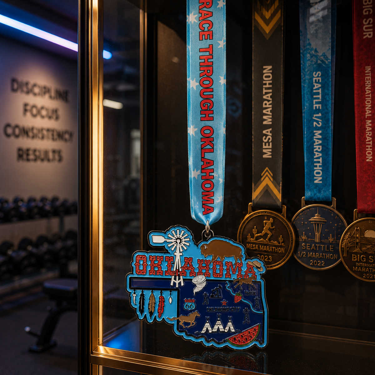 Virtualrunevent Oklahoma Race medal displayed on a medal rack, featuring a colorful design for 5K, 10K, Half Marathon, and 50 Mile challenges