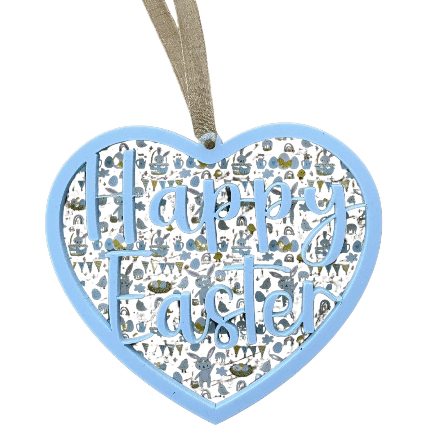 Layered acrylic Happy Easter heart ornament with spring nature design, 3.75 inches, ideal garden or seasonal Easter decor.