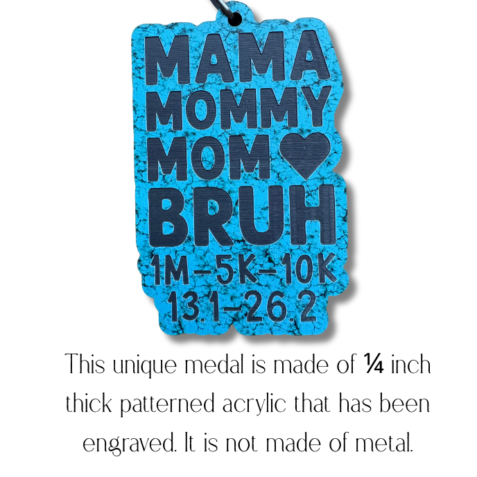 Virtualrunevent 2026 Mother's Day medal with 1M, 5K, 10K, 13.1, and 26.2 distance icons, gold-colored and engraved.