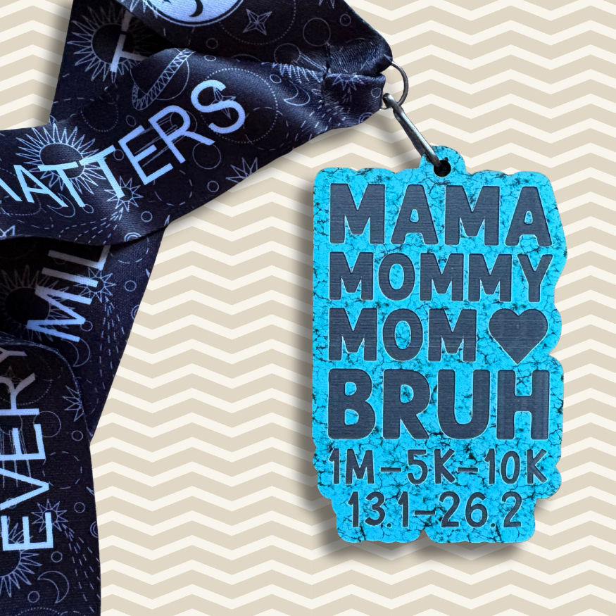 VirtualRunEvent 2026 Mother's Day medal showcasing a 1M, 5K, 10K, 13.1, and 26.2 distance design in silver with themed details.