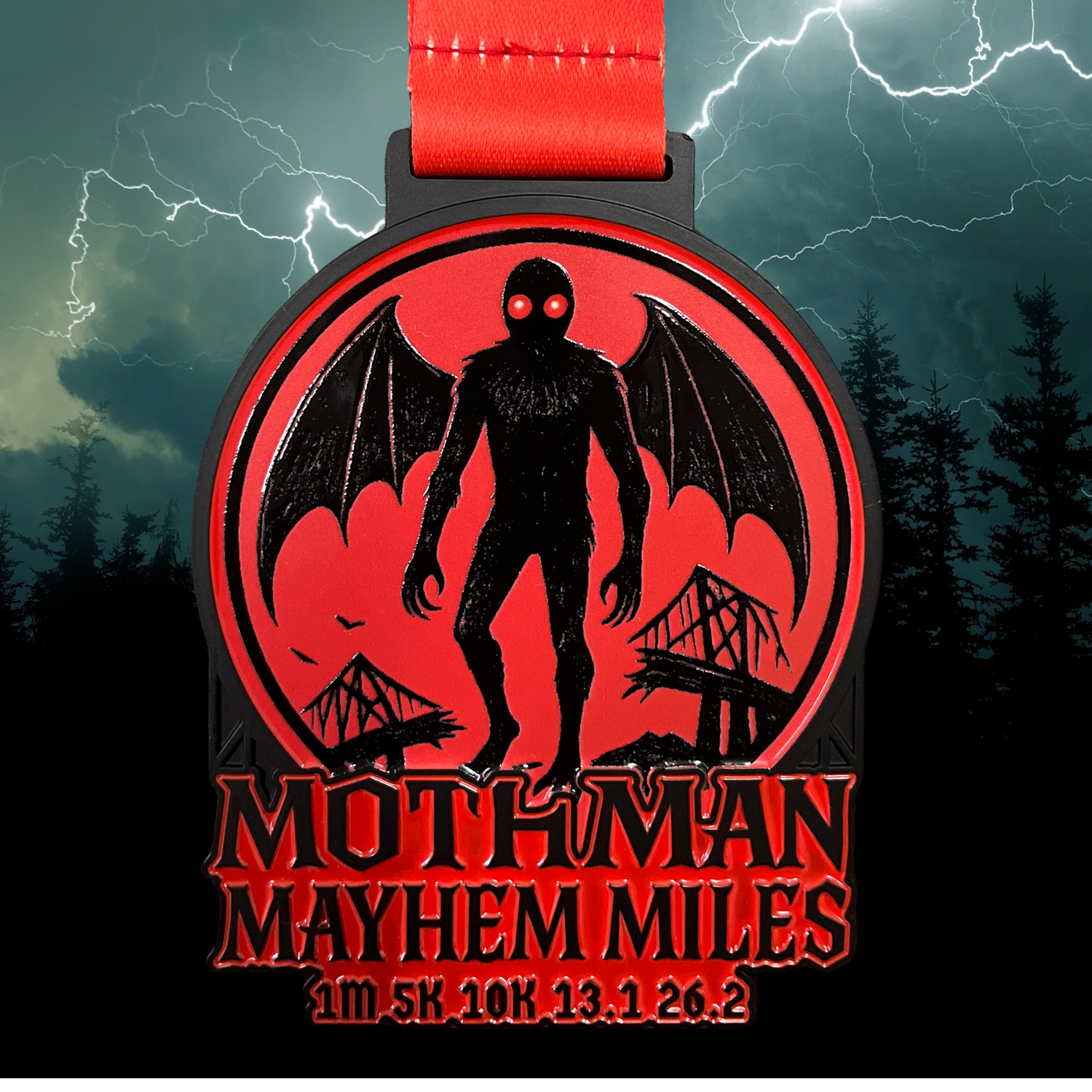 Virtualrunevent Mothman Mayhem medal for 1M, 5K, 10K, 13.1, 26.2 races benefiting The National Parks Foundation.