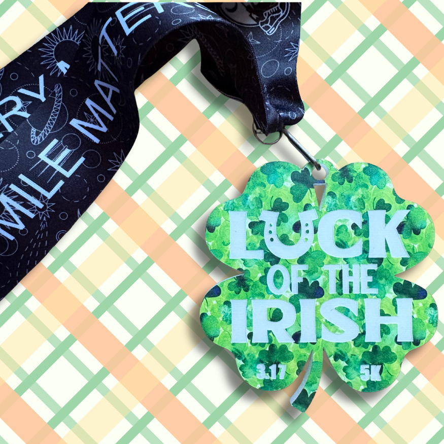 2026 Luck of the Irish 5K medal by virtualrunevent featuring a shamrock and festive Irish design for race finisher award