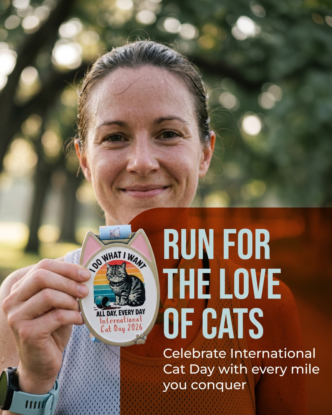 2026 Cat Day virtual race medal by virtualrunevent featuring a colorful design for 1M, 5K, 10K, 13.1, and 26.2 mile races