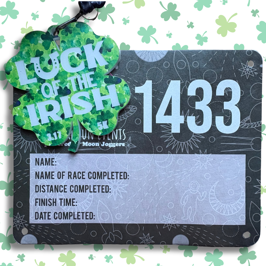 2026 Luck of the Irish 5K medal from VirtualRunEvent featuring a shamrock and festive design for the race finish line.