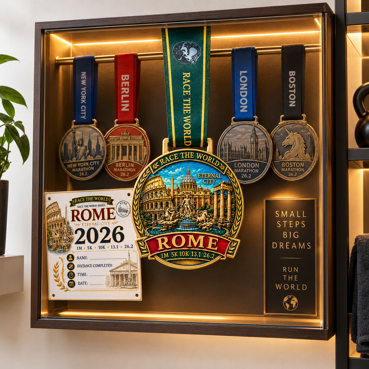 Medal for Rome Virtual Race 5K, 10K, Half Marathon, and Marathon travel challenge by virtualrunevent, featuring iconic Roman imagery.