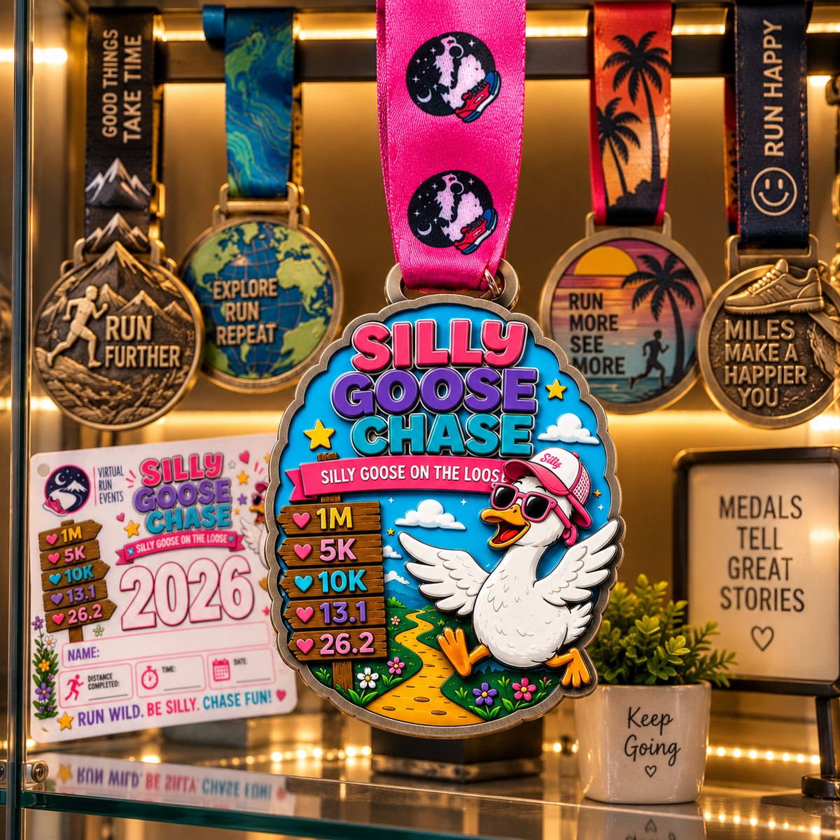 Silver Silly Goose Chase Virtual Race medal for 1M, 5K, 10K, half marathon, and marathon from virtualrunevent.